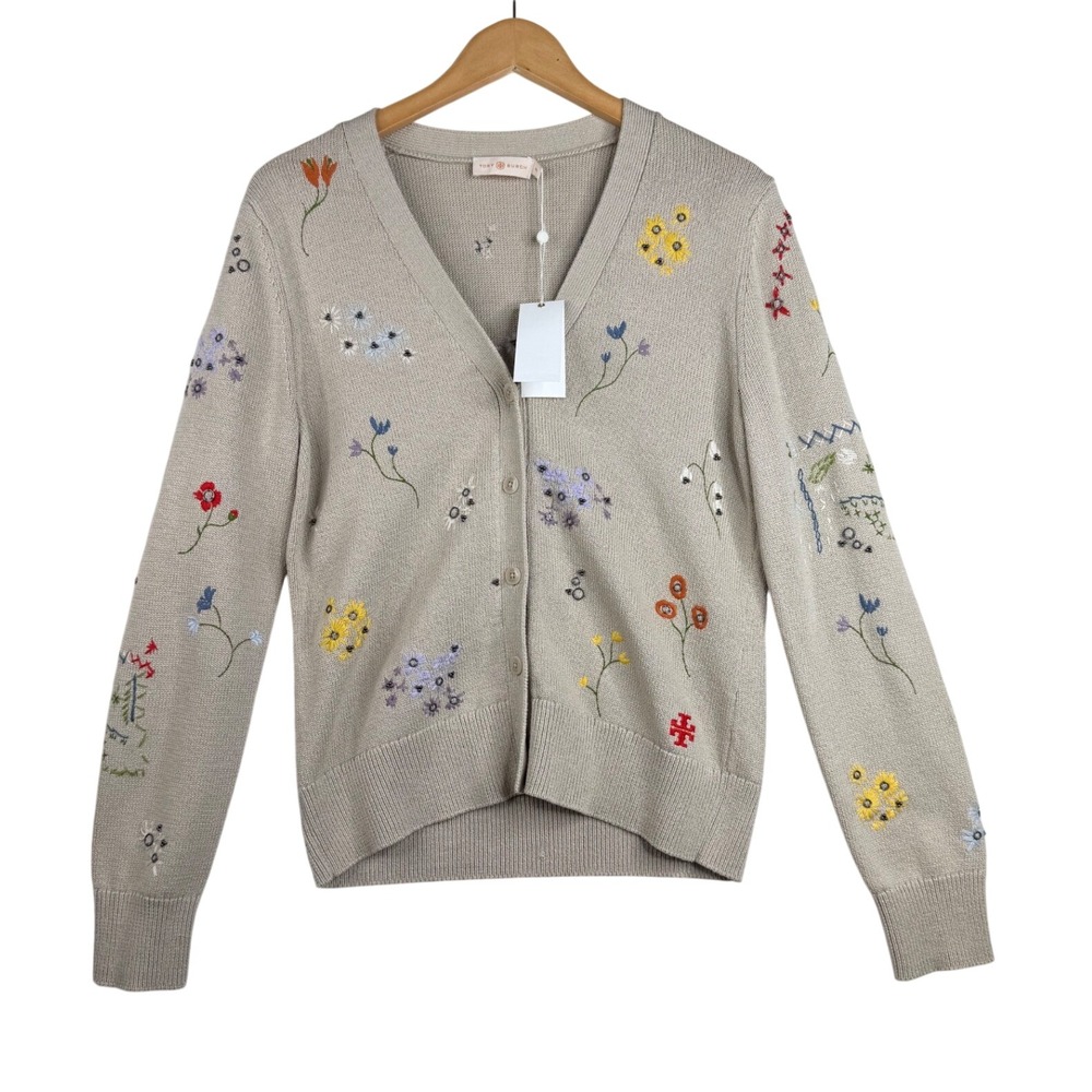 NWT Tory Burch Simone Knit Floral Embroidered Cardigan size Medium Cream